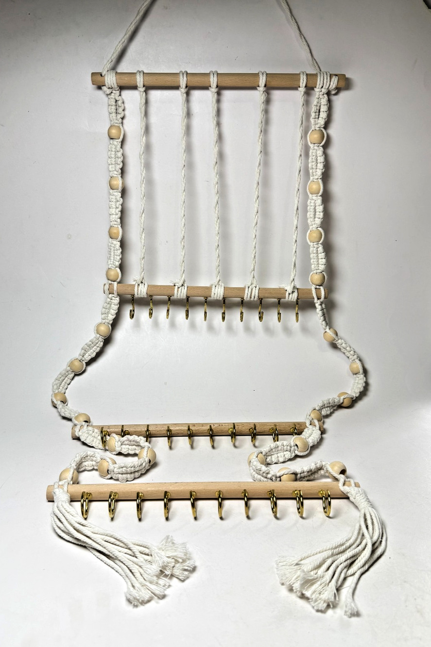 Beaded Macrame Hanging Jewelry Organizer 30-Hook Wall Necklace Bows Holder Boho